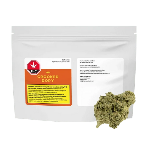 Front-facing shot of a white resealable pouch labeled "Garlic Fumez" with an orange Crooked Dory panel and a cannabis bud positioned at the lower right.