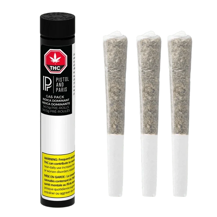 Right-facing view of a Pistol and Paris Gas Pack (Notorious, Rockstar, Deathbubba) PR 3 x 0.5 g tube beside three upright pre-rolls on a white background