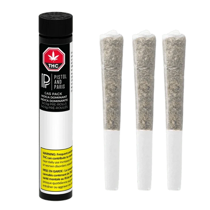 Right-facing view of a Pistol and Paris Gas Pack (Notorious, Rockstar, Deathbubba) PR 3 x 0.5 g tube beside three upright pre-rolls on a white background