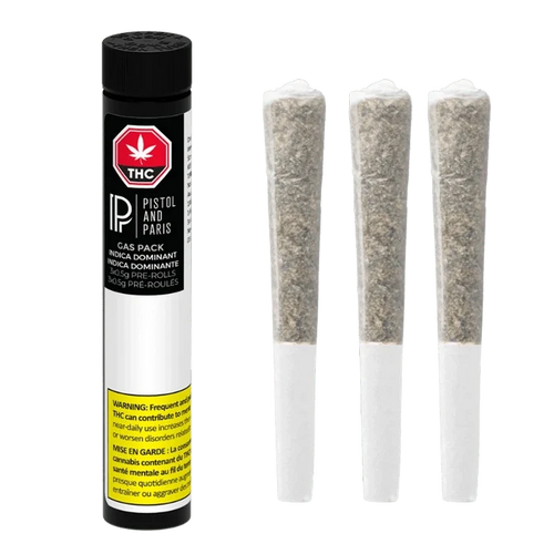 Right-facing view of a Pistol and Paris Gas Pack (Notorious, Rockstar, Deathbubba) PR 3 x 0.5 g tube beside three upright pre-rolls on a white background
