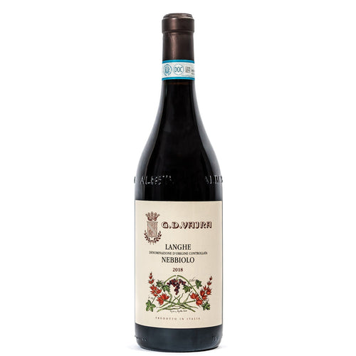 GD Vajra Langhe Nebbiolo wine bottle, dark glass with label and foil cap
