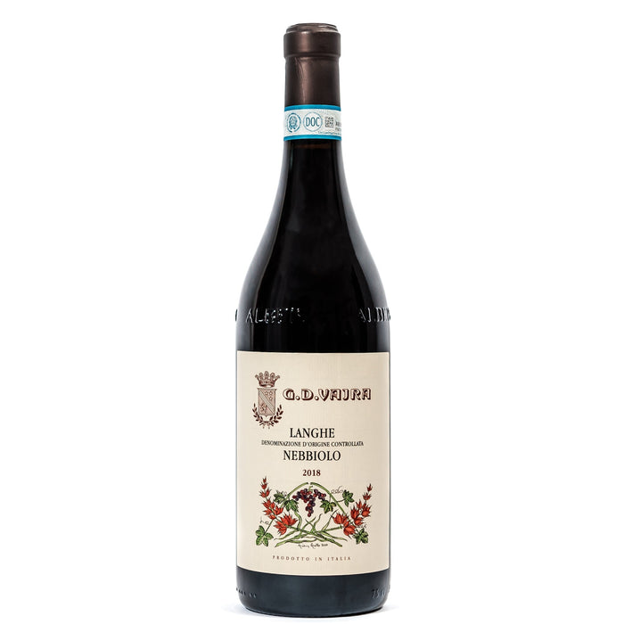 GD Vajra Langhe Nebbiolo wine bottle, dark glass with label and foil cap