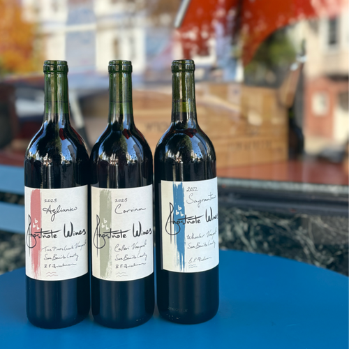 Ghostnote Corvina 2023 wine bottles, dark glass with white label sleeves
