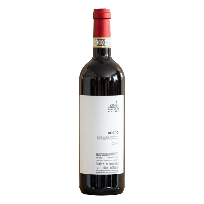 Roero Nebbiolo wine bottle 2022 with red cap and front label