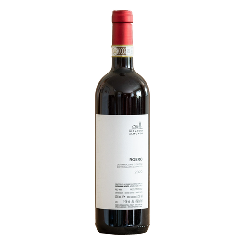 Roero Nebbiolo wine bottle 2022 with red cap and front label