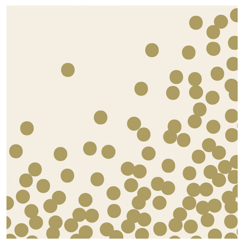 A square, cream cocktail napkin with a scatter of uniform gold dots concentrated to the lower and right sides, with none towards the upper left corner.