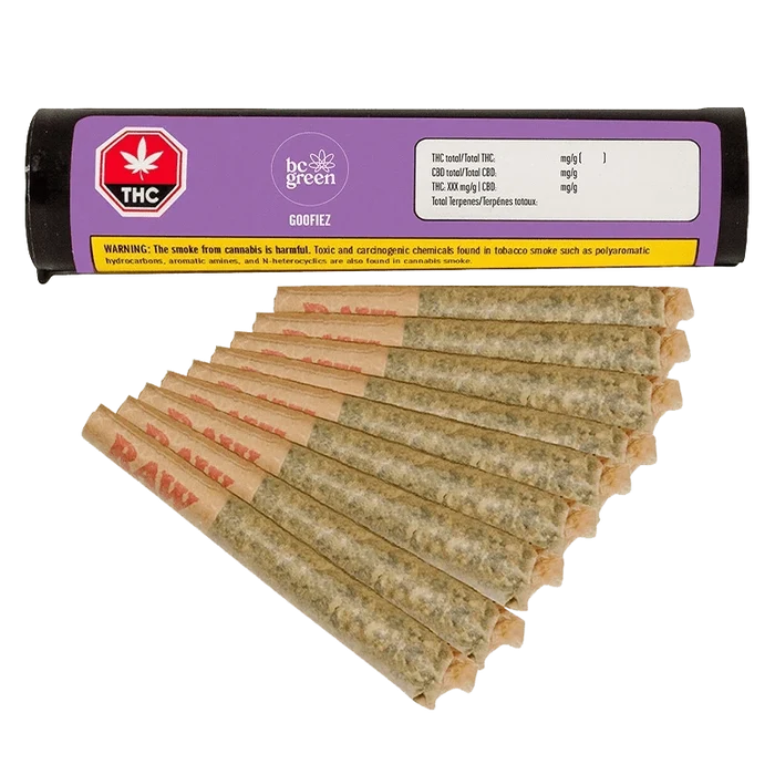 Top-down view of a fanned row of pre-rolled joints in front of a purple tube labeled Goofiez PR 10 x 0.5 g.