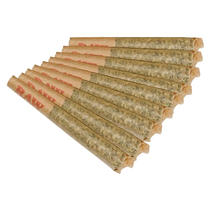 Angled top-down view of a fanned row of Goofiez PR 10 x 0.5 g pre-rolled cones with visible paper tips and packed herb.