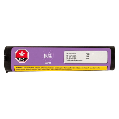 Horizontal close-up of the purple-labeled Goofiez PR 10 x 0.5 g tube showing a THC warning badge and nutritional panel.