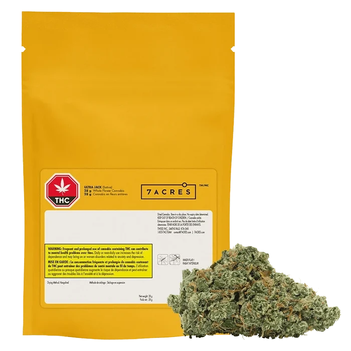 Yellow resealable pouch photographed front-on with a cannabis bud at its base, labeled "Granddaddy Purple Skunk."