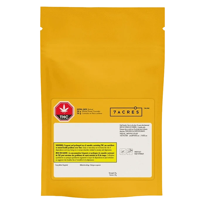Front-facing shot of a yellow resealable pouch labeled "Granddaddy Purple Skunk" with a white information panel and THC symbol.