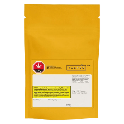 Front-facing shot of a yellow resealable pouch labeled "Granddaddy Purple Skunk" with a white information panel and THC symbol.