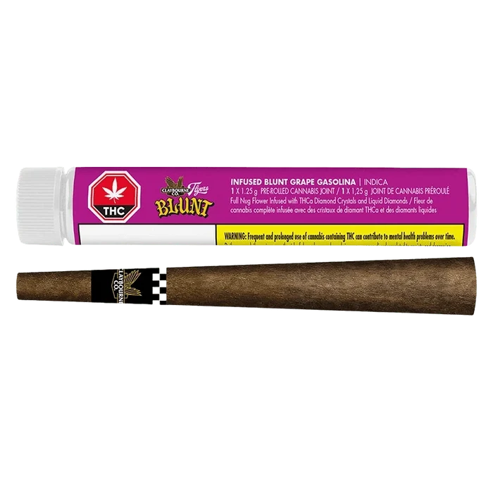 Horizontal product shot of a Grape Gasolina Infused PR 1 x 1.25 g showing a purple-labeled plastic tube above a brown pre-rolled blunt on a white background.