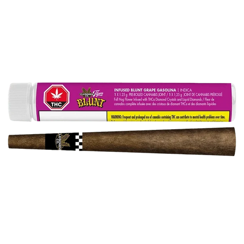 Horizontal product shot of a Grape Gasolina Infused PR 1 x 1.25 g showing a purple-labeled plastic tube above a brown pre-rolled blunt on a white background.
