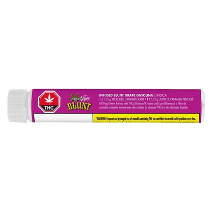 Horizontal close-up of a purple tube labeled "Grape Gasolina Infused PR 1 x 1.25 g" with a white cap and THC warning strip.