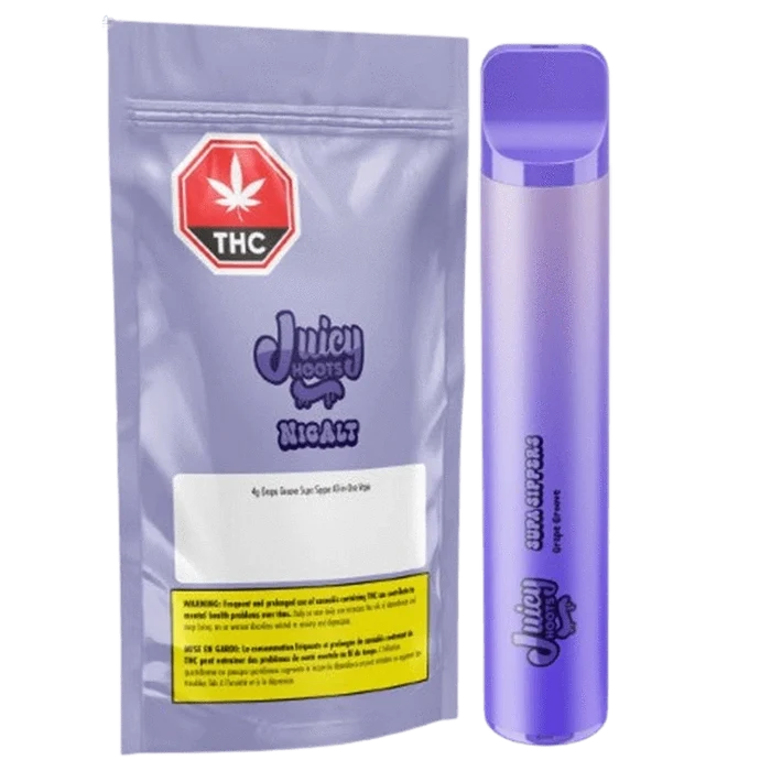 Front view of a purple pouch and matching disposable device labeled Grape Groove Supa Sipper Disposable Vape, shown side-by-side on a white background.