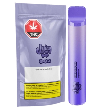 Front view of a purple pouch and matching disposable device labeled Grape Groove Supa Sipper Disposable Vape, shown side-by-side on a white background.
