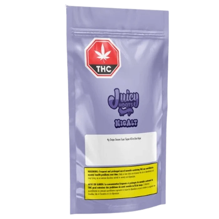 Front view of a lavender pouch labeled Grape Groove Supa Sipper Disposable Vape with a red THC symbol and purple logo centered on the bag