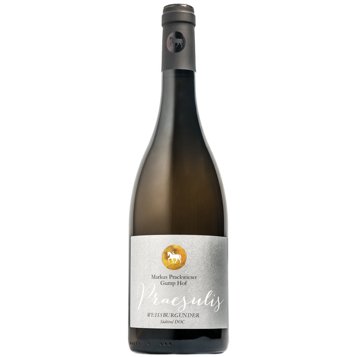 Gumphof Praesulis white wine bottle with gold label and black glass neck