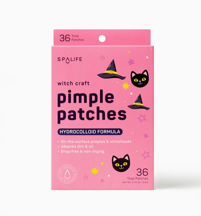 Spalife pimple patches packaging with pink background and Halloween-themed design.