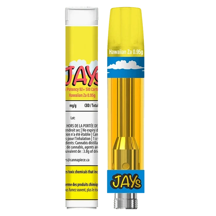 Front-facing view of the High Potency 92+ Hawaiian Za Vape Cartridge showing the yellow, cloud-themed cartridge and label.