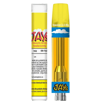 Front-facing view of the High Potency 92+ Hawaiian Za Vape Cartridge showing the yellow, cloud-themed cartridge and label.