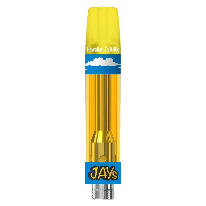 Vertical close-up of a yellow cartridge against a transparent background showing the JAYs High Potency 92+ Hawaiian Za Vape Cartridge with cloud graphics.