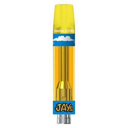 Vertical close-up of a yellow cartridge against a transparent background showing the JAYs High Potency 92+ Hawaiian Za Vape Cartridge with cloud graphics.