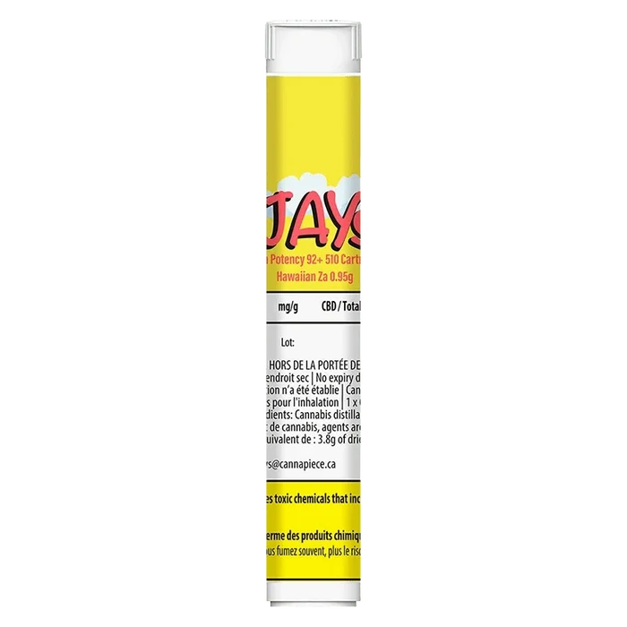 Front view of the High Potency 92+ Hawaiian Za Vape Cartridge showing its tall yellow tube label with partial red logo and legible small black text.