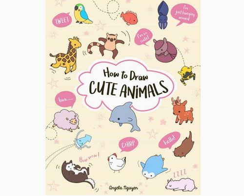 Book cover of 'How to Draw Cute Animals' with cartoon animals and speech bubbles on a light background.