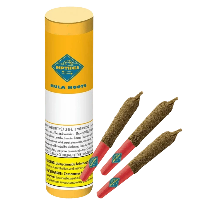Cylindrical yellow tube standing upright next to three red‑tipped Hula Hoots Infused PR 3 x 0.4 g pre-rolls arranged diagonally on a plain background.