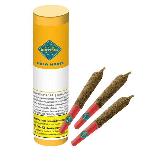 Cylindrical yellow tube standing upright next to three red‑tipped Hula Hoots Infused PR 3 x 0.4 g pre-rolls arranged diagonally on a plain background.
