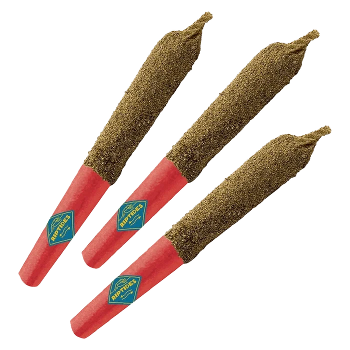 Three angled Hula Hoots Infused PR 3 x 0.4 g joints with red tips and a sprinkled coating shown on a plain background