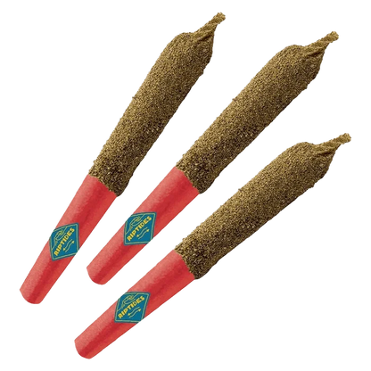 Three angled Hula Hoots Infused PR 3 x 0.4 g joints with red tips and a sprinkled coating shown on a plain background
