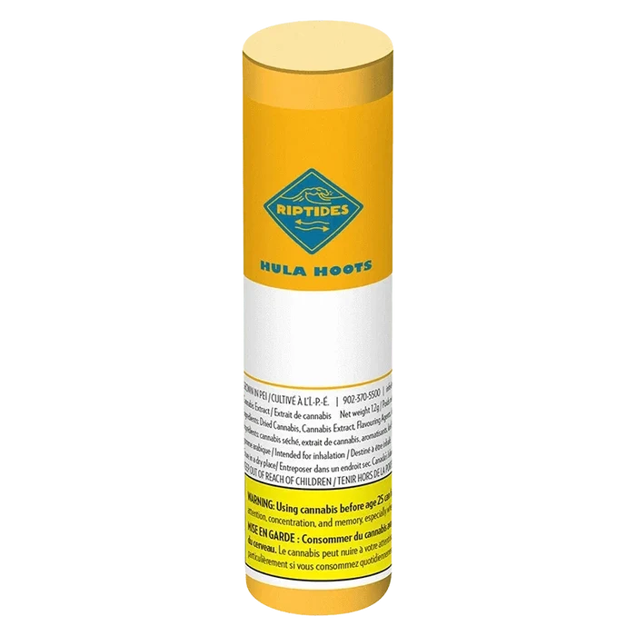Tall front view of the yellow cylindrical Hula Hoots Infused PR 3 x 0.4 g tube with blue logo and small warning text near the base