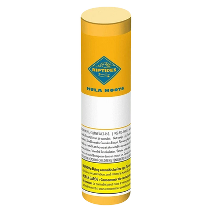 Tall front view of the yellow cylindrical Hula Hoots Infused PR 3 x 0.4 g tube with blue logo and small warning text near the base