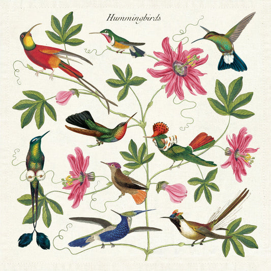 A printed cloth napkin featuring an illustration of various hummingbirds among flowers.