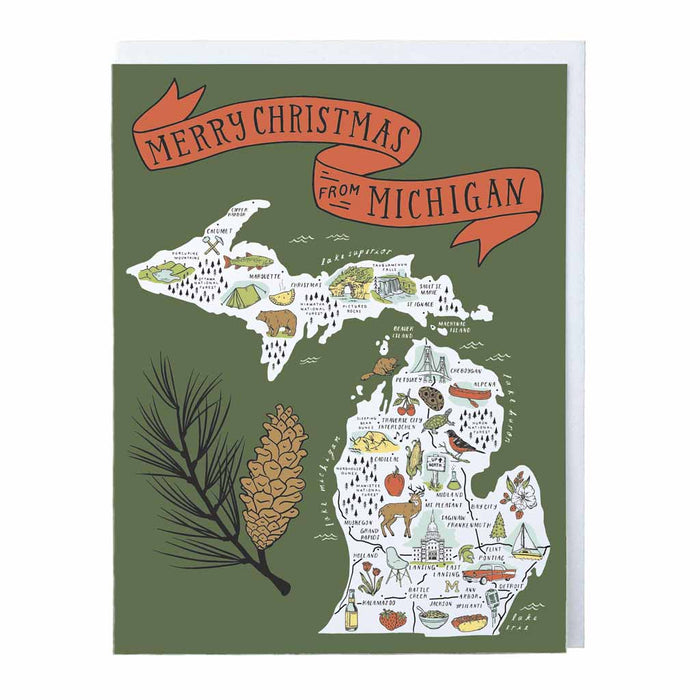 Illustrated Michigan Map Card - Merry Christmas - City Bird