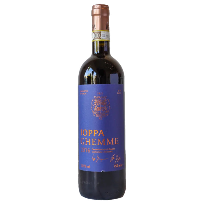 Ghemme 2016 wine bottle with dark glass and blue label