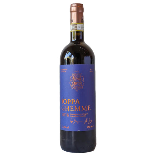 Ghemme 2016 wine bottle with dark glass and blue label