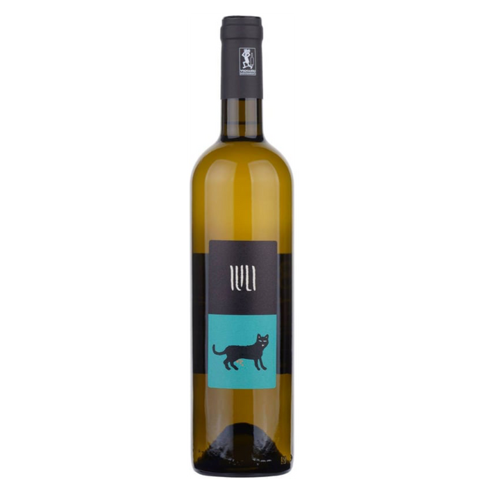 Iuli Barat Bianco 2021 white wine bottle, black foil, teal cat label