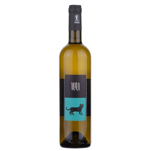 Iuli Barat Bianco 2021 white wine bottle, black foil, teal cat label