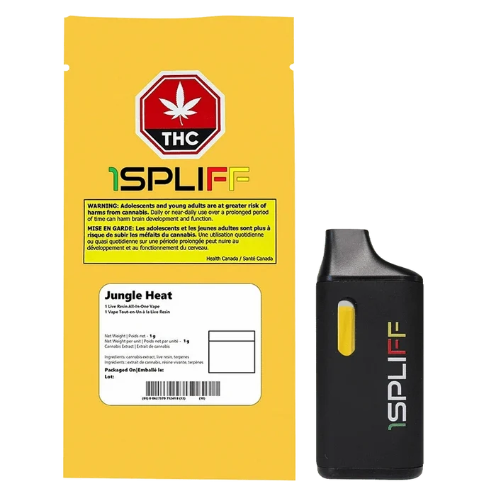 Front-facing view of the Jungle Heat Disposable Vape box and black device side-by-side, the yellow box showing a THC badge and warning text while the black vape displays a yellow window and multicolored 1SPLIFF logo.