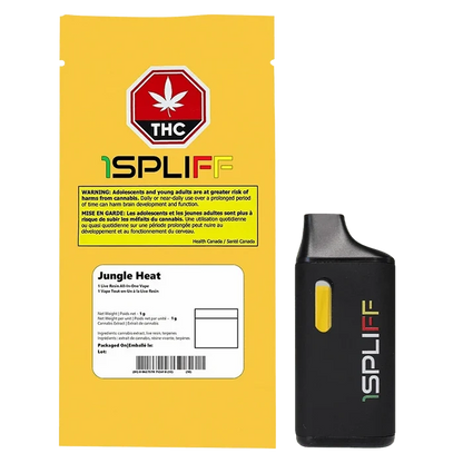 Front-facing view of the Jungle Heat Disposable Vape box and black device side-by-side, the yellow box showing a THC badge and warning text while the black vape displays a yellow window and multicolored 1SPLIFF logo.