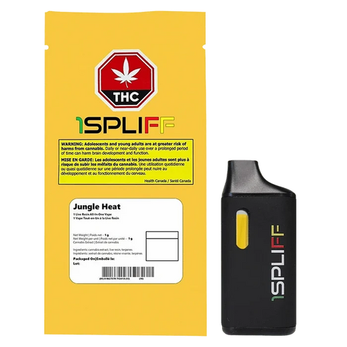 Front-facing view of the Jungle Heat Disposable Vape box and black device side-by-side, the yellow box showing a THC badge and warning text while the black vape displays a yellow window and multicolored 1SPLIFF logo.
