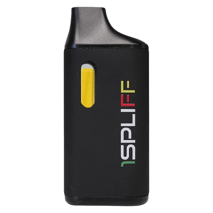 Front view of a black Jungle Heat Disposable Vape with a yellow juice window and vertical multicolored SPLIFF logo.