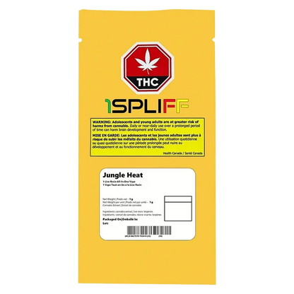 Front-facing image of the yellow package labeled Jungle Heat Disposable Vape by 1SPLIFF with a red THC stop sign and warning block.