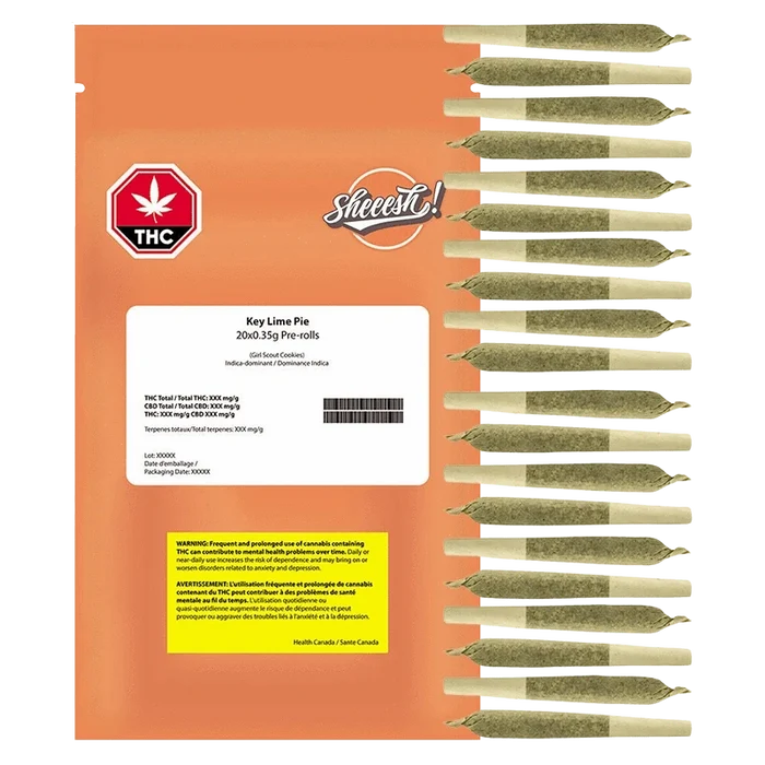 Top-down view of the orange Key Lime Pie PR 20 x 0.35 g pouch labeled "Sheeesh!" alongside a vertical row of pre-rolled joints.