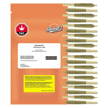 Top-down view of the orange Key Lime Pie PR 20 x 0.35 g pouch labeled "Sheeesh!" alongside a vertical row of pre-rolled joints.