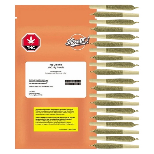 Top-down view of the orange Key Lime Pie PR 20 x 0.35 g pouch labeled "Sheeesh!" alongside a vertical row of pre-rolled joints.